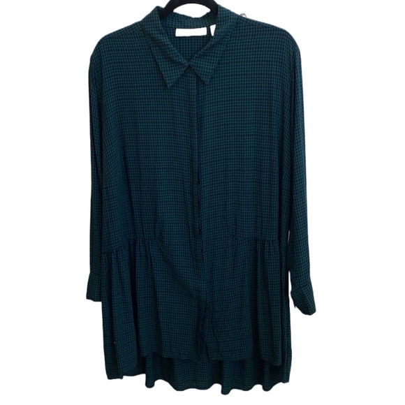🖤🌲 Sejour Nordstrom Long Button Down Collared Black/Forest Green Check Shirt - Picture 2 of 13